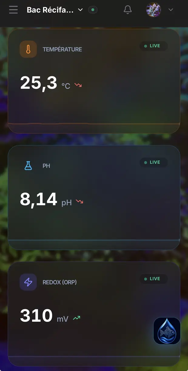Tableau de bord Aqualize sur téléphone : température, pH et redox en direct