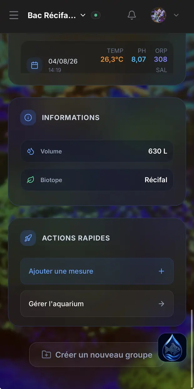 Informations du bac et actions rapides dans Aqualize sur téléphone